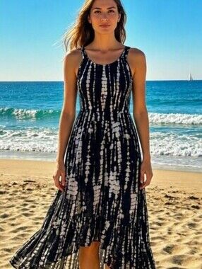Black & Cream Print Semi Sheer Dress/Tunic/Cover Up - High Low - Racerback - M